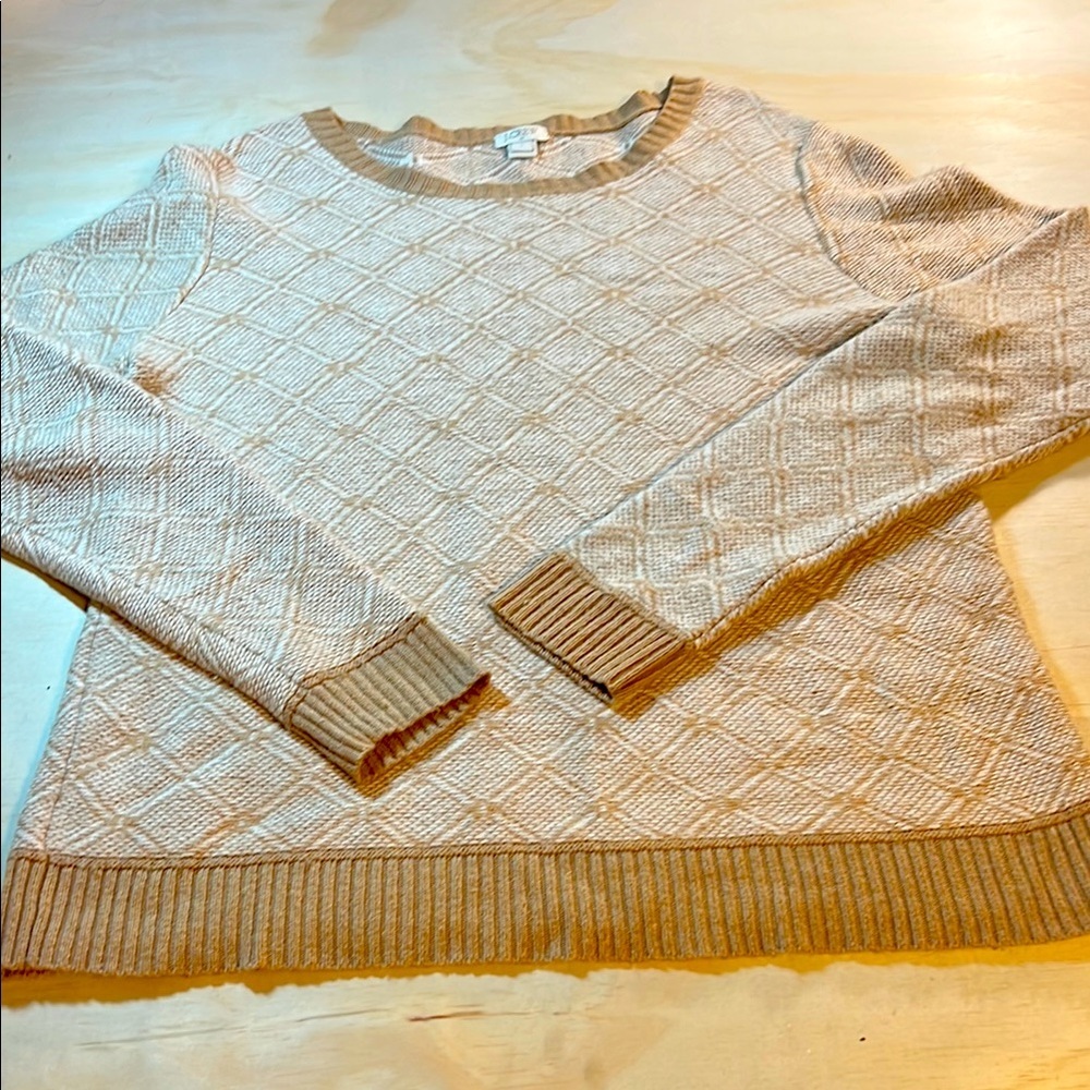 J. Crew Cream and Tan Crew Neck Sweater Textured Knit Sz L